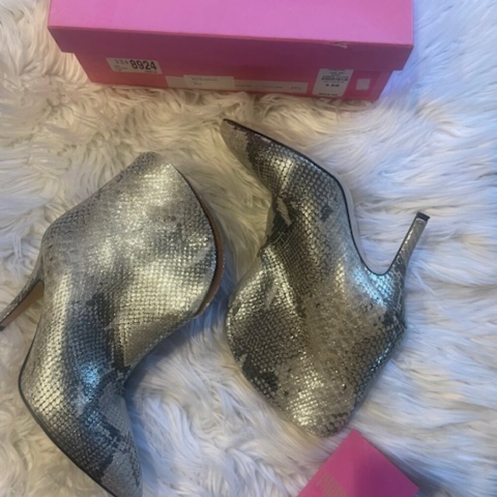 Paris Texas Silver Python Embossed Ankle Boots 9.5 – Metallic Stiletto Booties
